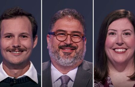 "Jeopardy!" contestants on October22, 2026 — (from left) Carson Davis, Anthony Cantor, and Christine Bobal