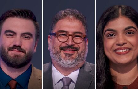 "Jeopardy!" contestants on October 21, 2026 — (From left) Sam Robison, Anthony Cantor, and Kayla Patel