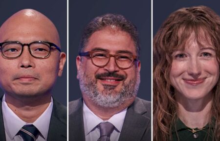 "Jeopardy!" contestants on October 23, 2026 — (from left) Ajin Tae, Anthony Cantor, and Shannon Leigh Godwin