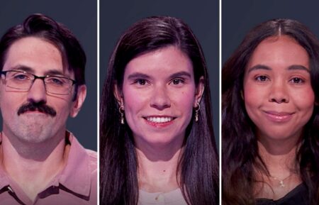 "Jeopardy!" contestants on October 16, 2026 — (from left) Frank Merchlewitz, Eileen Goodwin, and Mariah Stovall