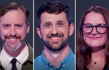 "Jeopardy!" contestants on October 12, 2026 (from left) Daniel Ransom, Greg Monson, and Megan Whelan