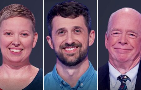 "Jeopardy!" contestants on October 13, 2026 — (from left) Evelyn Lamb, Greg Monson, and Ron Clarke