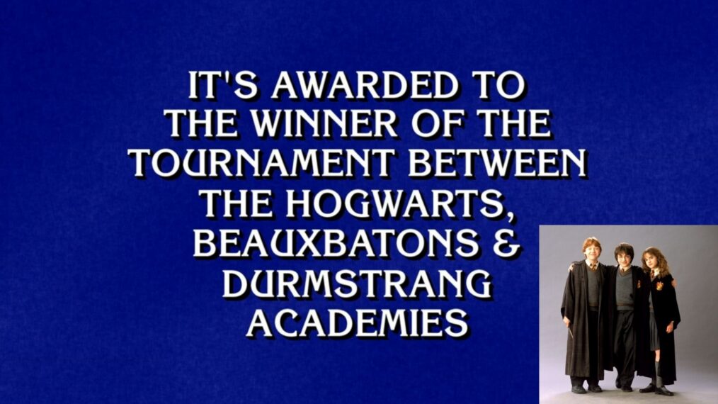 "Jeopardy!" clues about Harry Potter, (inset) Harry Potter main trio