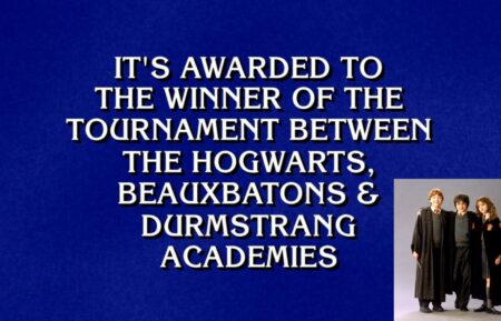 "Jeopardy!" clues about Harry Potter, (inset) Harry Potter main trio