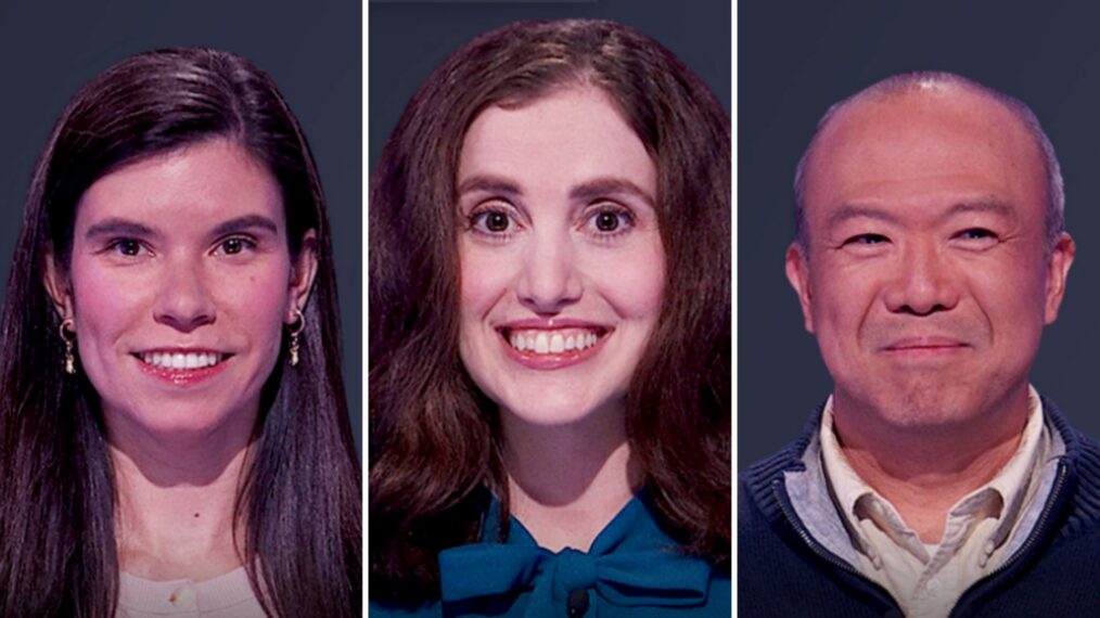 "Jeopardy!" contestants on October 15, 2026 — (from left) Eileen Goodwin, Kim Kalnoki, and Richard Koo