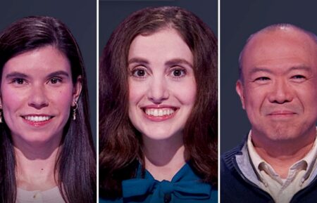 "Jeopardy!" contestants on October 15, 2026 — (from left) Eileen Goodwin, Kim Kalnoki, and Richard Koo