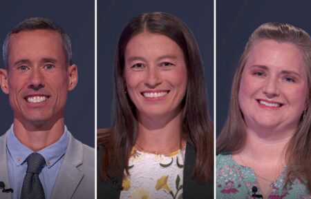 "Jeopardy!" contestants on October 1, 2026 (from left) Rian Robertson, Kristin Franke, and Elizabeth Severs