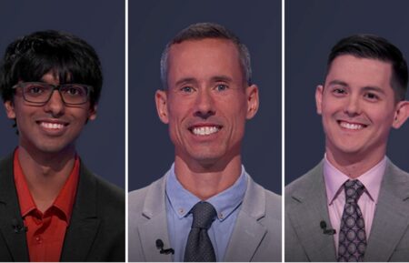"Jeopardy!" contestants on October 2, 2026 — (from left) Arjun Nageswaran, Rian Robertson, and Adam Bundy