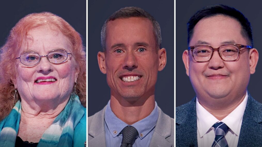 "Jeopardy!" contestants on October 6, 2026 (from left) Elisa Rose, Rian Robertson, and Alex Kim
