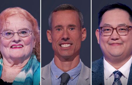 "Jeopardy!" contestants on October 6, 2026 (from left) Elisa Rose, Rian Robertson, and Alex Kim