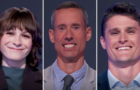 "Jeopardy!" contestants (from left) Erika Niemi, Rian Robertson, and Jason Vincze, on October 5, 2026