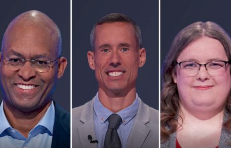 "Jeopardy!" contestants on October 7, 2026 (from left) John Edwards, Rian Robertson, and Anne Damtoft