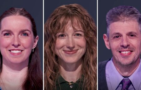 "Jeopardy!" contestants on October 26, 2026 — (from left) Karen Bradley, Shannon Leigh Godwin, and Jamie Calandro