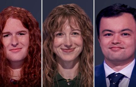 "Jeopardy!" contestants on October 28, 2026 — (from left) Stefanie Landeweer, Shannon Leigh Godwin, and Spencer Murphy