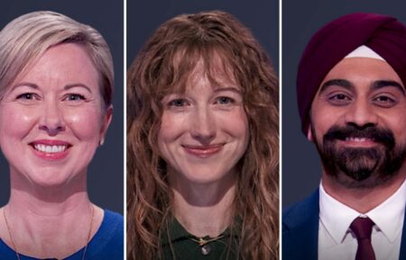 "Jeopardy!" contestants on October 27, 2026 — (from left) Polly Bethea, Shannon Leigh Godwin, and Harshish Chitkara
