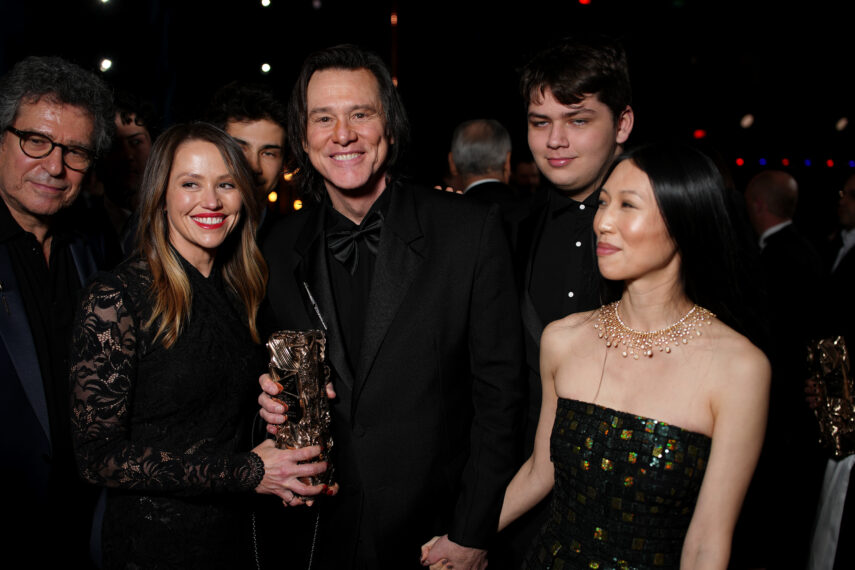 Jane Erin Carrey, Jim Carrey, Min Ah and Jackson Riley pose during the 51st Cesar Film Awards at L'Olympia on February 26, 2026 in Paris, France