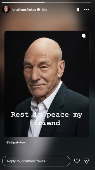 Jonathan Frakes Instagram tribute to the late Patrick Stewart