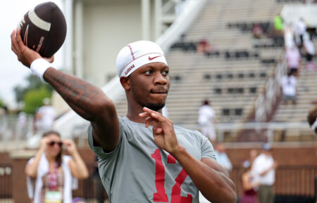 : Keelon Russell #12 of the Alabama Crimson Tide warms up before the game against the Mississippi State Bulldogs at Davis Wade Stadium on October 03, 2026 in Starkville