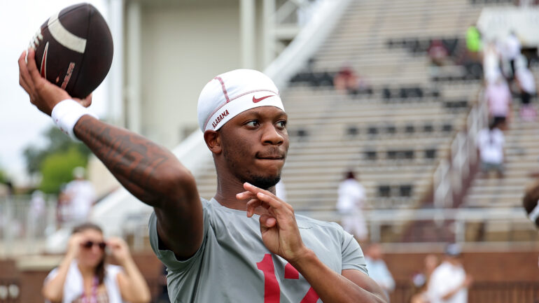 : Keelon Russell #12 of the Alabama Crimson Tide warms up before the game against the Mississippi State Bulldogs at Davis Wade Stadium on October 03, 2026 in Starkville
