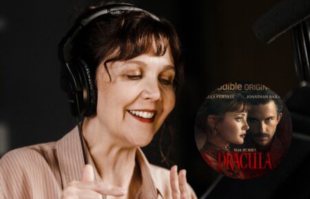 Maggie Gyllenhaal recording her role of Van Helsing in Audible's 'Dracula' immersive experience; 'Dracula' Audible cover art featuring Ella Purnell and Jonathan Bailey
