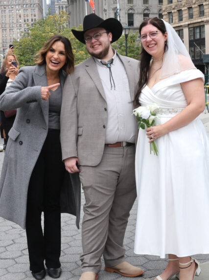 Mariska Hargitay posing with newlyweds in New York City on October 1, 2026