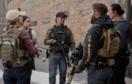 Arielle Kebbel as Belle Skinner, Ash Santos as Andrea Cruz, Luke Grimes as Kayce Dutton, Logan Marshall-Green as Pete Calvin, and Tatanka Means as Miles Kittle in 'Marshals' Season 2 Episode 5