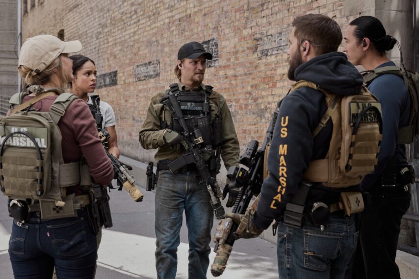 Arielle Kebbel as Belle Skinner, Ash Santos as Andrea Cruz, Luke Grimes as Kayce Dutton, Logan Marshall-Green as Pete Calvin, and Tatanka Means as Miles Kittle in 'Marshals' Season 2 Episode 5