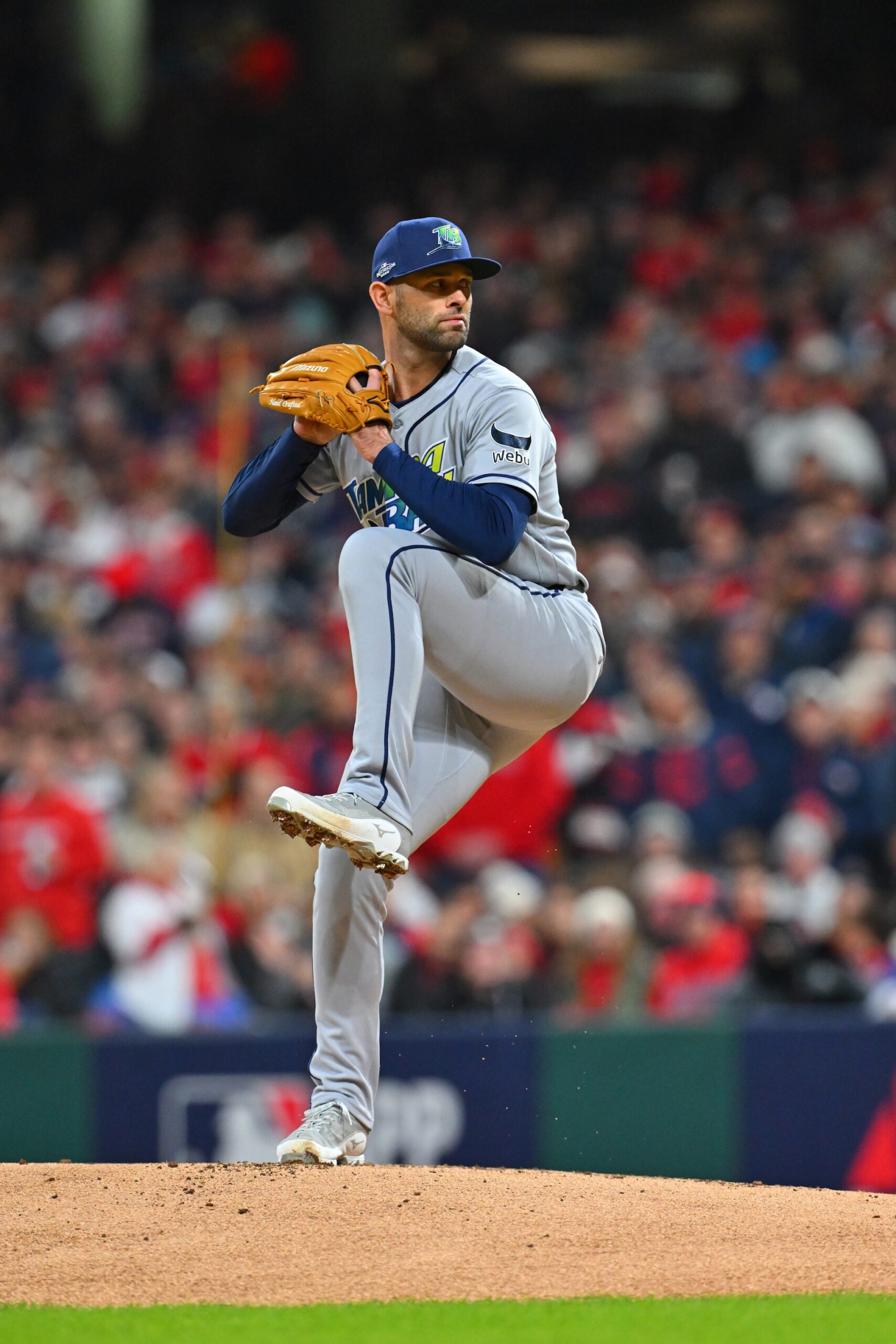 Nick Martinez #28 of the Tampa Bay Rays throws a pitch during the first inning against the Cleveland Guardians in game four of the American League Championship Series at Progressive Field on October 17, 2026 in Cleveland, Ohio.