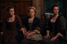 Rebekah Lumsden as Letitia, Sally Messham as Mrs. Fitzgibbons, and Ailsa Davidson as Janet MacKenzie in 'Outlander: Blood of My Blood' Season 2
