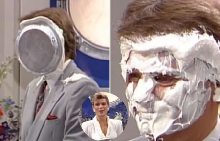 Former "Wheel of Fortune" host Pat Sajak gets pie thrown in his face by Vanna White in throwback clip
