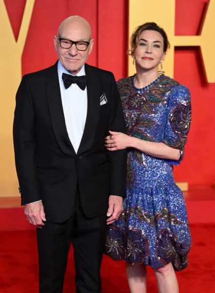 BEVERLY HILLS, CALIFORNIA - MARCH 10: Patrick Stewart and Sunny Ozell attend the 2024 Vanity Fair Oscar Party hosted by Radhika Jones at the Wallis Annenberg Center for the Performing Arts on March 10, 2024 in Beverly Hills, California.