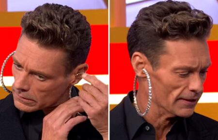 "Wheel of Fortune" host Ryan Seacrest wearing hoop earrings on the show on October 14, 2026