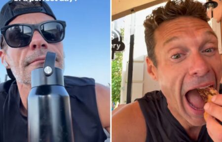Ryan Seacrest biking and eating cinnamon buns