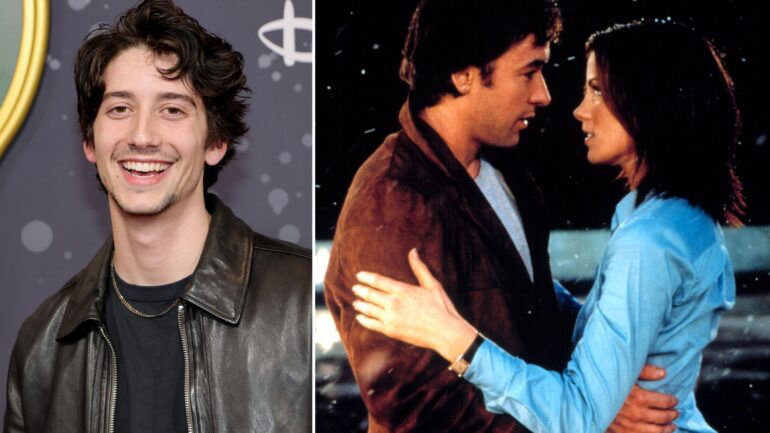 Milo Manheim (left), John Cusack and Kate Beckinsale in 'Serendipity' (right)