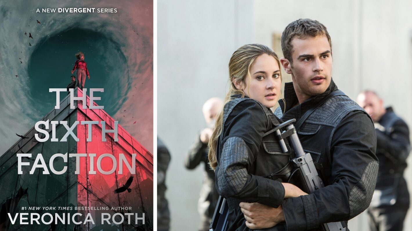 Shailene Woodley and Theo James as Tris and Four in 'Divergent' with 'The Sixth Faction' book cover