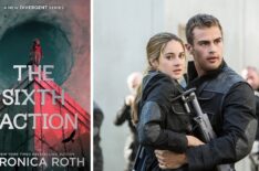 Shailene Woodley and Theo James as Tris and Four in 'Divergent' with 'The Sixth Faction' book cover