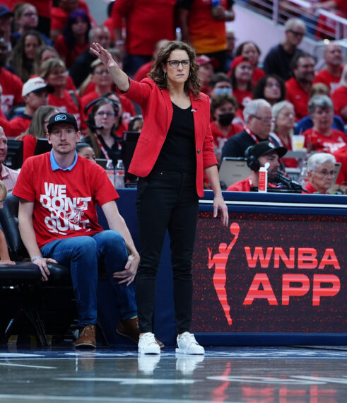 Indiana Fever coach Stephanie White coaches on the sidelines against the Las Vegas Aces in game two of Round 1 of the WNBA Playoffs on September 29, 2026, at Gainbridge Fieldhouse in Indianapolis, Indiana