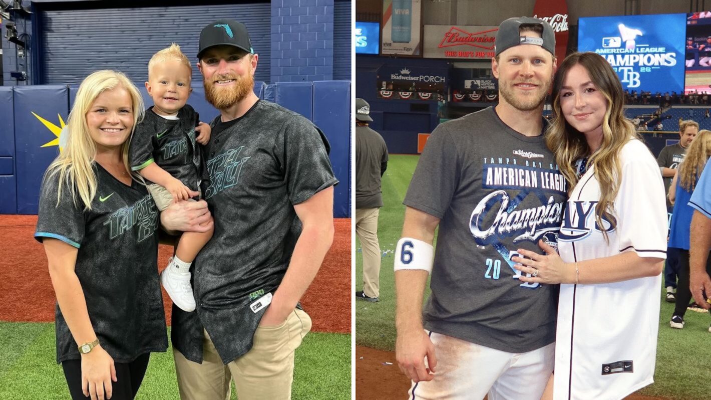 Drew Rasmussen, wife Stevie, and son; Taylor Walls and wife Hallie of the Tampa Bay Rays