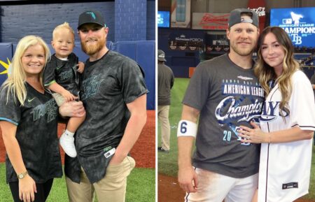 Drew Rasmussen, wife Stevie, and son; Taylor Walls and wife Hallie of the Tampa Bay Rays
