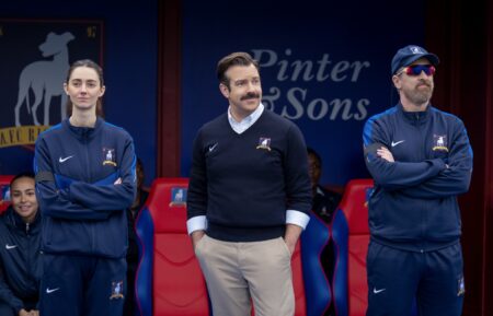 Tanya Reynolds, Jason Sudeikis, and Brendan Hunt in 'Ted Lasso' Season 4