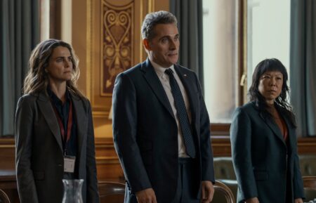 Keri Russell as Kate Wyler, Rufus Sewell as Hal Wyler, Ali Ahn as Eidra Park in 'The Diplomat' Season 4 Episode 3