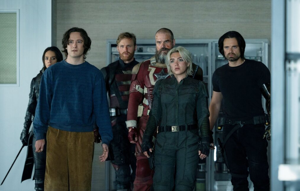 Hannah John-Kamen, Lewis Pullman, Wyatt Russell, David Harbour, Florence Pugh, and Sebastian Stan in 'Thunderbolts'