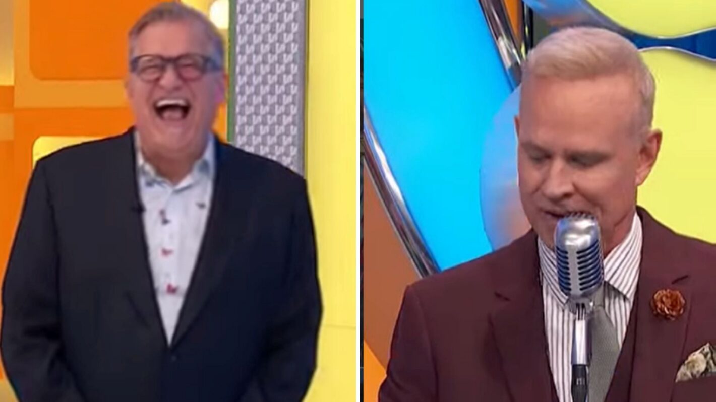 'The Price Is Right' host Drew Carey (left) laughing at announcer George Gray's (right) MMA impression