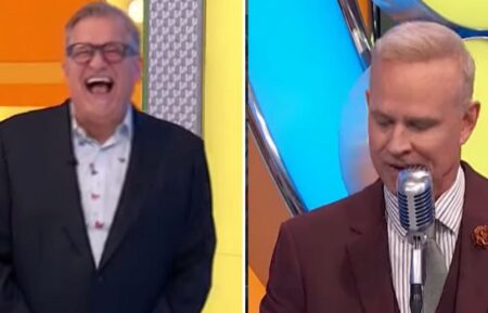 "The Price Is Right" host Drew Carey (left) laughing at announcer George Gray's (right) MMA impression