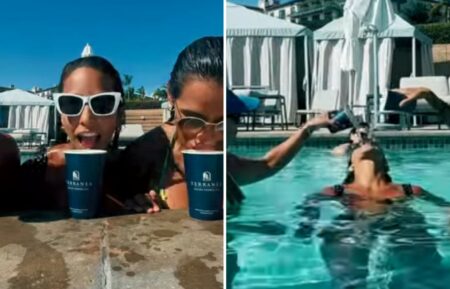 "The Price Is Right" model Manuela Arbeláez playing mermaids in the pool with two of her friends and drinking pool water