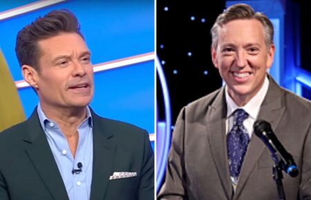 (Left) "Wheel of Fortune host Ryan Seacrest, (right) fired "Wheel of Fortune" announcer Jim Thornton