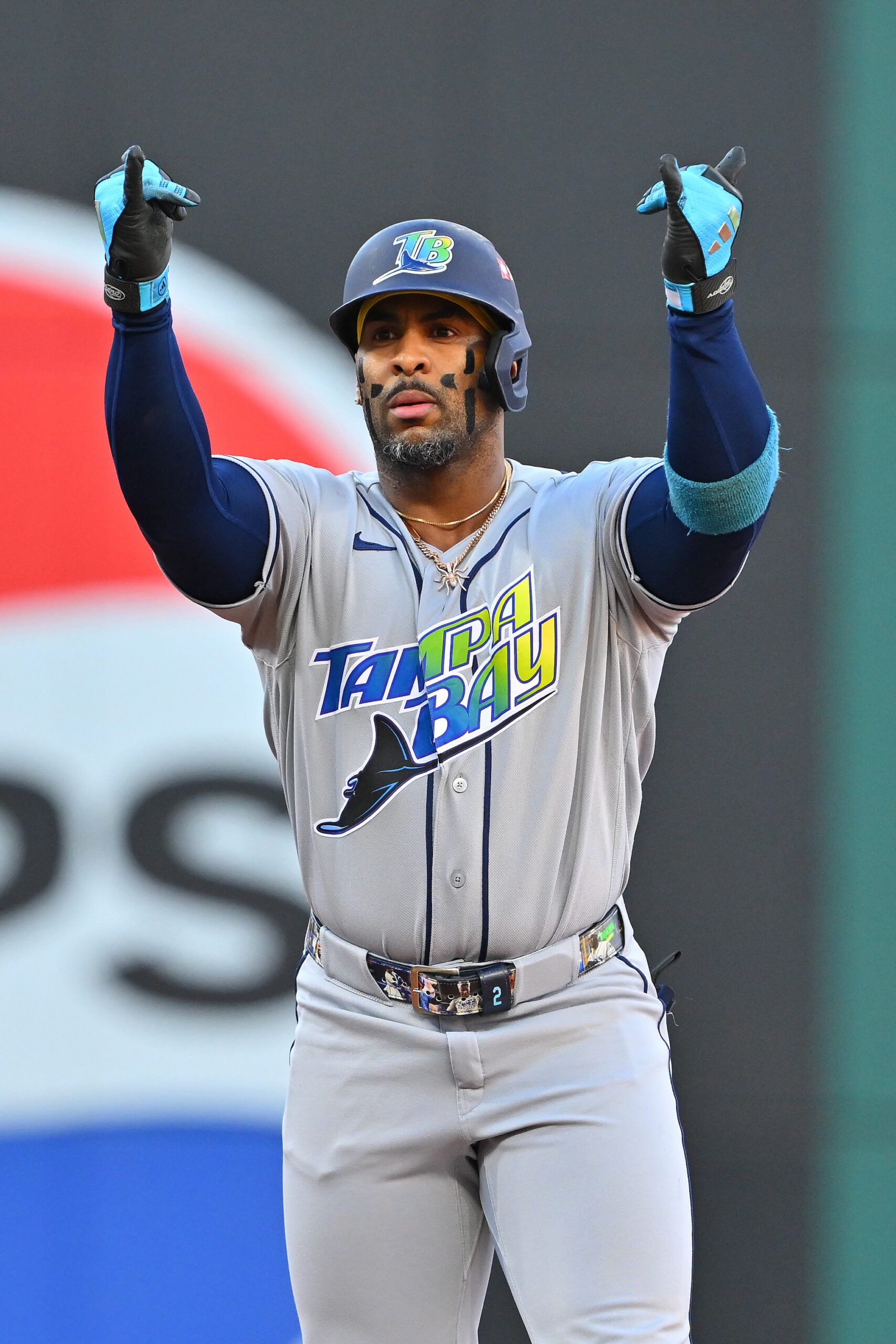 Yandy Díaz #2 of the Tampa Bay Rays reacts after hitting a double during the first inning against the Cleveland Guardians in game five of the American League Championship Series at Progressive Field on October 18, 2026 in Cleveland, Ohio.