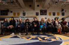 L-R: Sophie Nélisse as Teen Shauna, Courtney Eaton as Teen Lottie, Liv Hewson as Teen Van, Sophie Thatcher as Teen Natalie, Kevin Alves as Teen Travis, Samantha Hanratty as Teen Misty, Jenna Burgess as Teen Melissa, Jasmin Savoy Brown as Teen Taissa and Nia Sondaya as Teen Akilah in 'Yellowjackets' Season 4 Episode 3