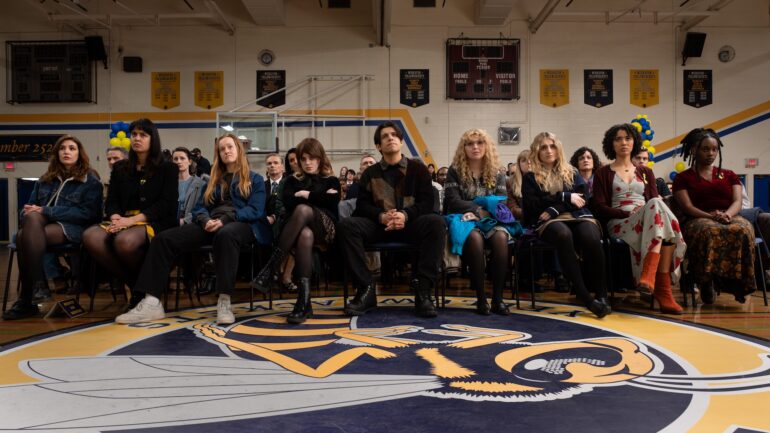 L-R: Sophie Nélisse as Teen Shauna, Courtney Eaton as Teen Lottie, Liv Hewson as Teen Van, Sophie Thatcher as Teen Natalie, Kevin Alves as Teen Travis, Samantha Hanratty as Teen Misty, Jenna Burgess as Teen Melissa, Jasmin Savoy Brown as Teen Taissa and Nia Sondaya as Teen Akilah in 'Yellowjackets' Season 4 Episode 3