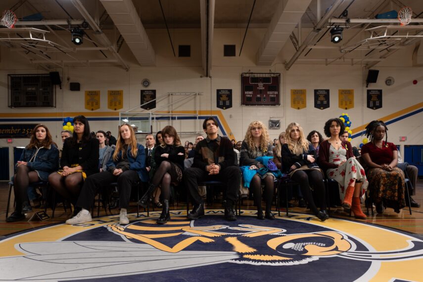 L-R: Sophie Nélisse as Teen Shauna, Courtney Eaton as Teen Lottie, Liv Hewson as Teen Van, Sophie Thatcher as Teen Natalie, Kevin Alves as Teen Travis, Samantha Hanratty as Teen Misty, Jenna Burgess as Teen Melissa, Jasmin Savoy Brown as Teen Taissa and Nia Sondaya as Teen Akilah in 'Yellowjackets' Season 4 Episode 3
